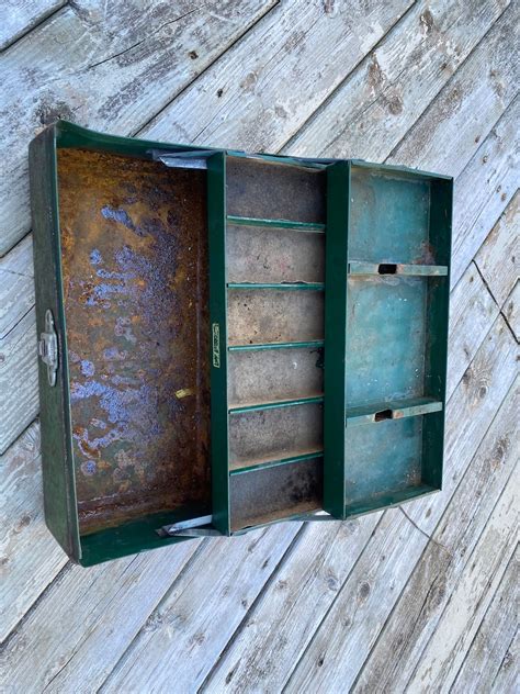 vintage green metal tackle box|old fashioned tackle box.